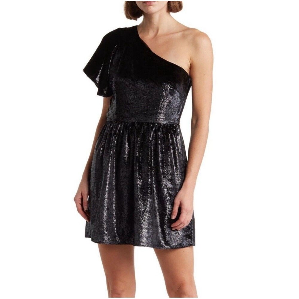 7 For All Mankind One Shoulder Black Metallic Velour Dress Sz L New